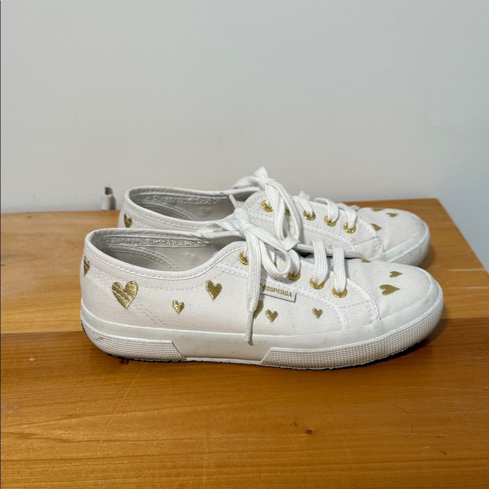 Superga White and Gold Heart Sneakers